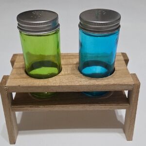 Source Unknown Green and Blue Spice Jars with Wooden Stand